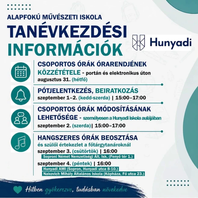 Tanévkezdési tudnivalók a Hunyadi Alapfokú Művészeti Iskolában
